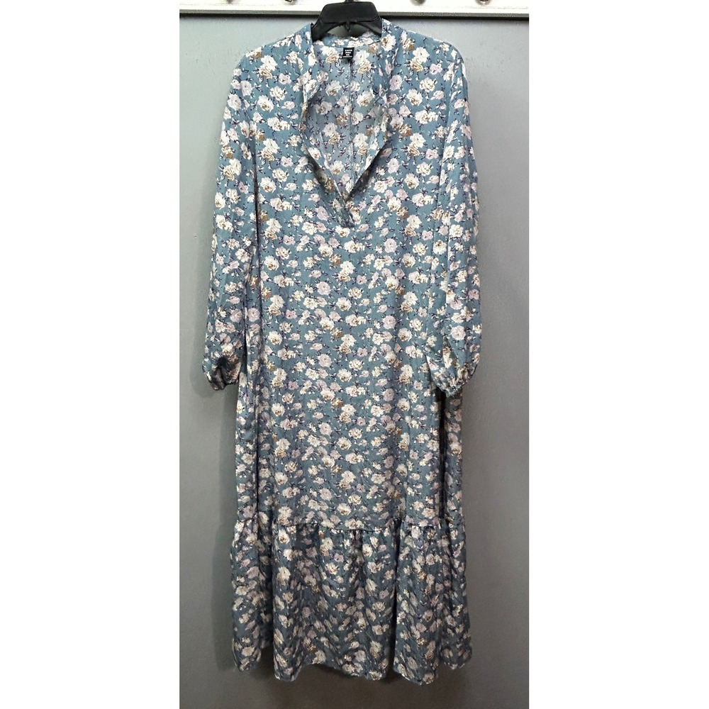 Shein Dress Women 1XL Blue Floral Curve Maxi Tiered Boho Long Sleeve Cottage
